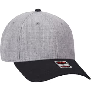 A grey and black 6 panel low profile baseball cap with a branded tag on the side.
