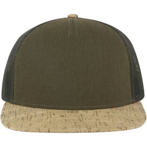 A green trucker cap with a cork brim and mesh sides. Features a logo on the front.