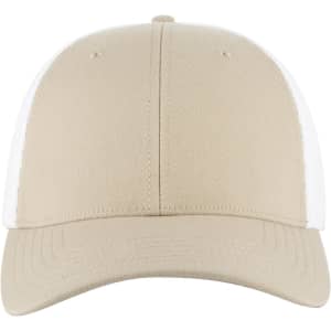 A beige and white low-profile trucker cap featuring a curved brim and a solid design, with a logo on the front.