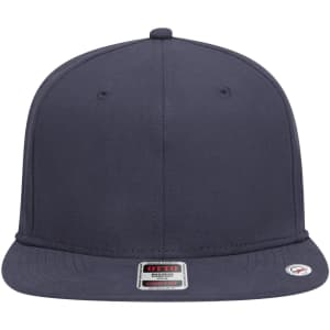 A navy 6-panel mid-profile snapback cap with a flat brim and a logo on the front.