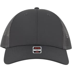 A grey low profile trucker cap with mesh sides and a branded tag at the front.