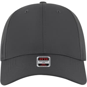 A grey 6 panel low profile style baseball cap featuring a logo on the front.