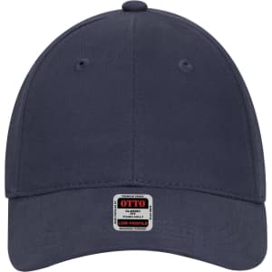 A navy blue 6 panel low profile baseball cap for youth with a logo on the front.