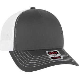 A grey and white 5 panel low profile trucker cap featuring a mesh back and a branded label on the front.