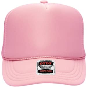 A pink 5 Panel High Crown Trucker Cap with a branding label on the front.