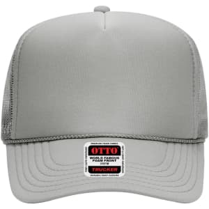 A grey 5 Panel High Crown Trucker Cap with a foam front and mesh sides, featuring a logo on the front.