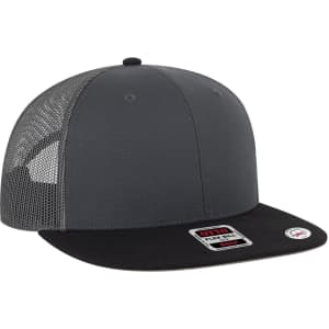 A grey and black six-panel mid-profile trucker cap with a mesh back and a logo on the side.