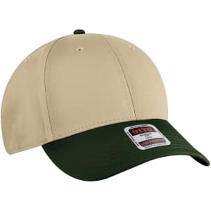 A beige and green 6-panel low profile baseball cap featuring a logo.