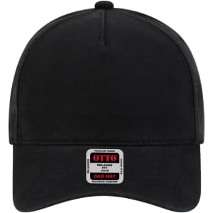 A black 5 Panel Low Profile Dad Cap featuring a logo on the front. The cap has a relaxed fit design.