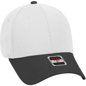 A low profile baseball cap featuring a white mesh top and a black brim, with a logo tag on the front.
