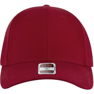 A red 6 panel low profile baseball cap featuring a logo on the front.
