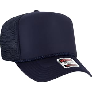 A navy blue 5 Panel High Crown Air Mesh Back Trucker Hat with a logo and braided detailing on the brim.