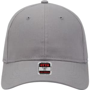 A grey six-panel low-profile baseball cap with ventilation holes and a small logo label on the front.