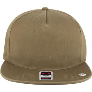 A khaki 5 Panel Low Profile Dad Cap with a flat brim and a logo on the front.