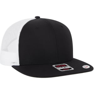 A black and white 6-panel mid-profile trucker cap featuring a mesh back and a solid front. Includes a logo.
