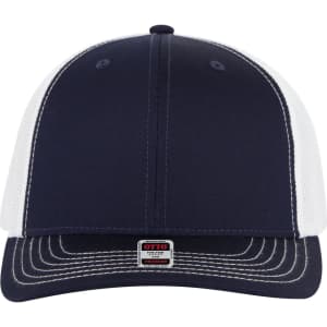 A navy blue and white 6-panel mid-profile trucker cap with a mesh back and a logo on the front.