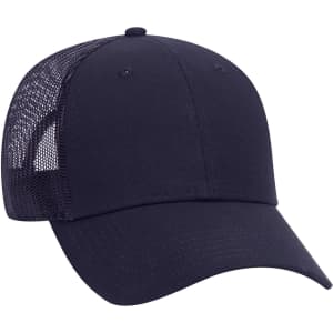 A navy blue 6 panel low profile trucker cap with a mesh back and a curved peak, featuring a logo on the front.