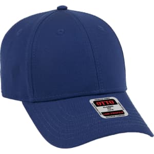 A navy blue 6 panel low profile baseball cap with ventilation holes and a branding logo on the side.