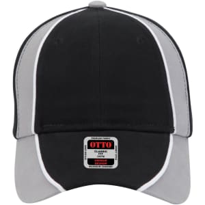 A black and grey 6-panel low profile baseball cap with a logo on the front.