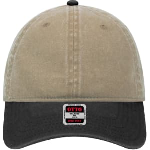A low-profile dad cap featuring a beige upper and a black brim, with a logo sticker on the front.