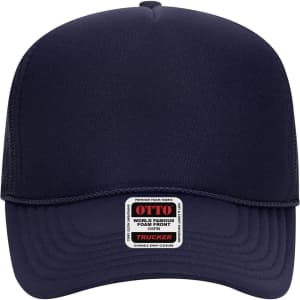 A navy 5 panel mid-profile trucker cap with a mesh back and a front patch logo.
