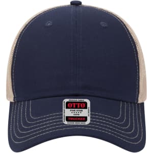 A navy and beige 6-panel low profile trucker cap featuring a mesh back and a logo on the front.