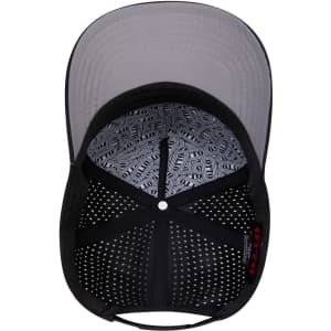 A black 5 panel mid profile baseball cap with a grey underside of the brim and a patterned interior.