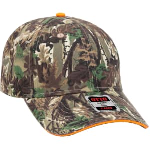 A camo baseball cap featuring a low profile design and orange accents. It includes a logo on the front.