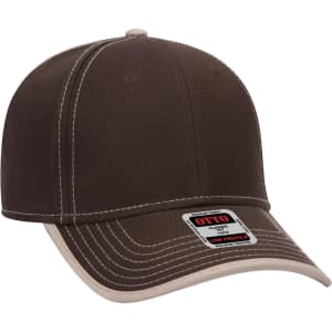 A brown 6 panel low profile baseball cap with contrasting stitching and a branded tag.