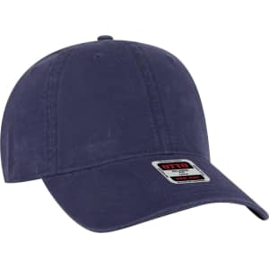 A navy blue 6 panel low profile dad cap with a logo on the front and a curved brim.