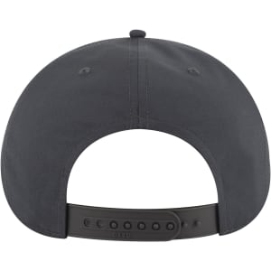 A black 5 panel snapback cap featuring a rear adjustable strap and a logo.