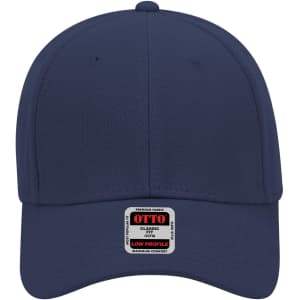 A navy blue 6 panel low profile baseball cap featuring a label, designed for comfortable wear.