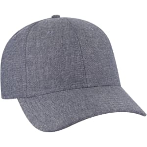 A grey 6 panel low profile baseball cap with stitching details and a logo on the front.