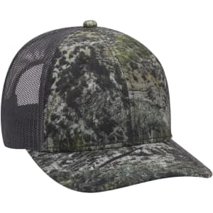 A camo-patterned six-panel low-profile baseball cap in shades of green and black with a mesh back.