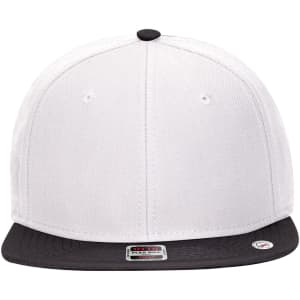 A snapback cap with a white upper and a black brim, featuring ventilation holes and a logo.