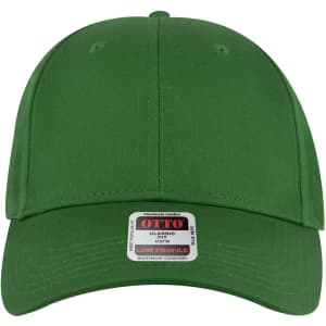 A green 6-panel low profile baseball cap with a branded label on the front.