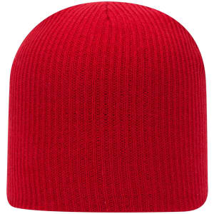 A red rib knit beanie with a seamless design and a logo.