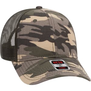 A camo patterned low-profile trucker cap in shades of green and brown, featuring a mesh back and a branded label.