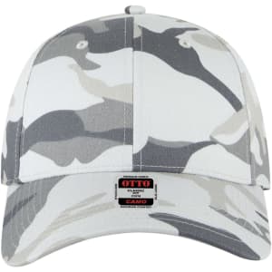 A low profile baseball cap in grey and white camouflage, featuring a logo on the front.