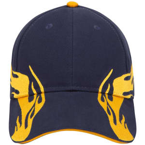 A navy blue baseball cap with yellow flame designs on the sides and a logo on the front.