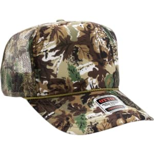 A trucker cap in a camouflage design featuring brown, green, and tan shades with a mesh back and logo.