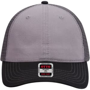 A grey and black 6-panel low profile trucker dad cap with a branded label on the front.