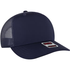 A navy blue 5 panel mid profile trucker cap with a mesh back and a logo on the front.