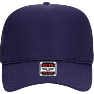 A navy blue 5 Panel High Crown Trucker Cap featuring a mesh back and a logo patch on the front.