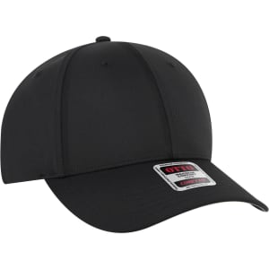 A black six-panel low profile baseball cap with a branded logo on the front.