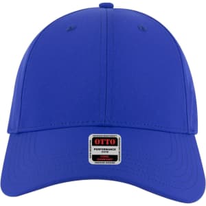 A blue 6 panel low profile baseball cap with a logo on the front.