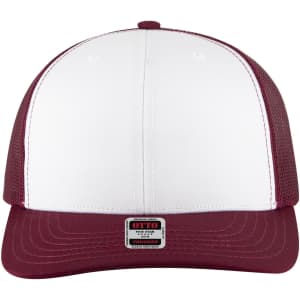 A maroon and white 6 panel mid profile trucker cap with a mesh back and a label on the front.