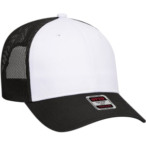 A 6 panel low profile trucker cap in white and black, featuring a mesh back and a branded label.