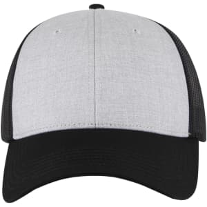 A grey and black 6 panel low profile trucker cap featuring a mesh back and a solid front panel.