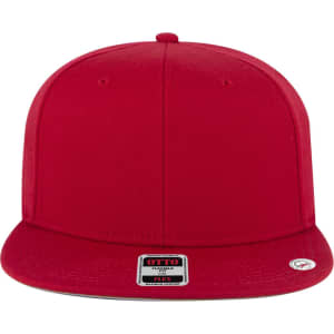 A red 6 panel mid profile style baseball cap with a flat brim and a logo label on the front.